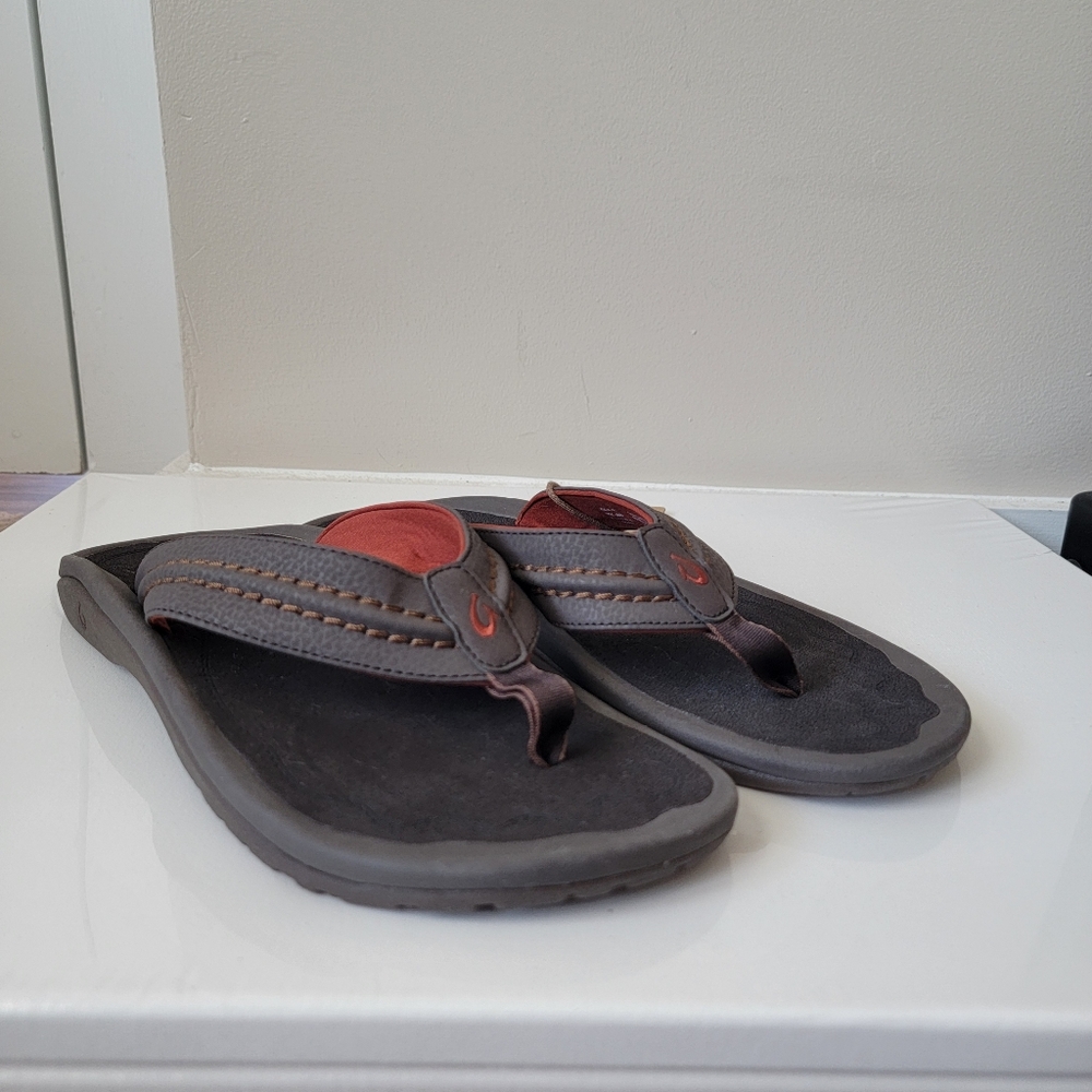 Olukai Men's Hokua Sandals Dark Java Brown Slip on Shoes Pool Slides Flip Flops